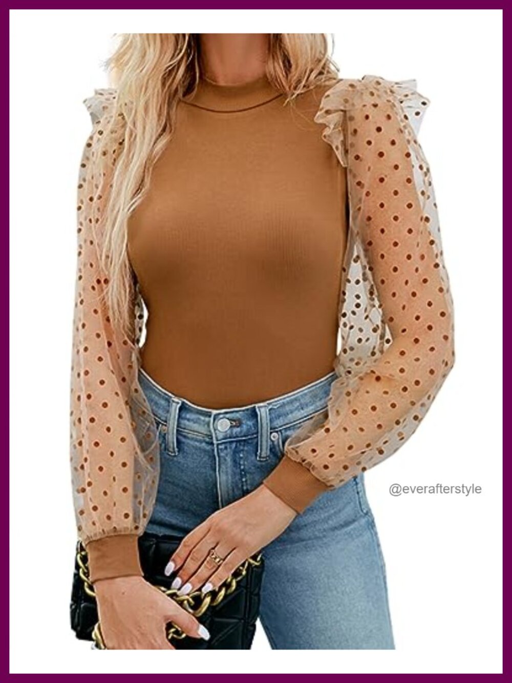 Mock Neck Polka Dot Mesh Puff Sleeve Bodysuit